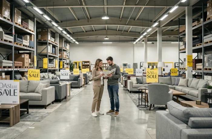 Couple parcourant une sélection de meubles design en solde dans un outlet de mobilier haut de gamme