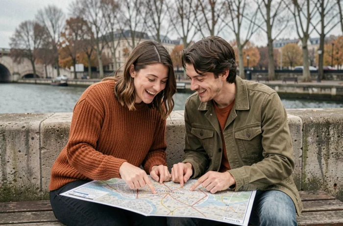 Couple consultant un plan de Paris imprimé assis au bord de la Seine lors d'un séjour touristique en automne