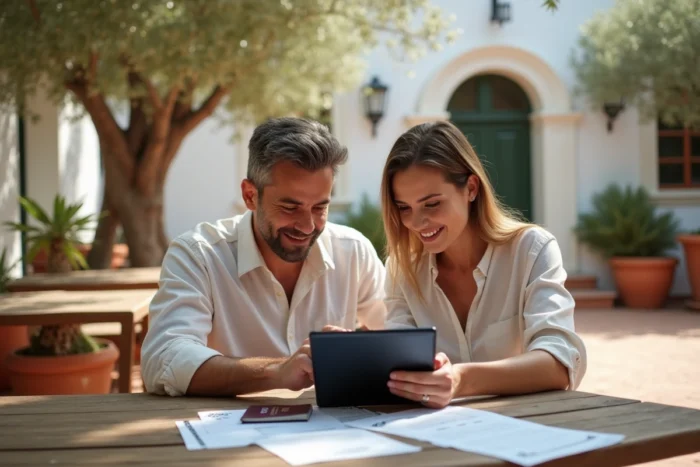 Couple planifiant un voyage en consultant un site de voyages sur tablette dans un café méditerranéen en plein air