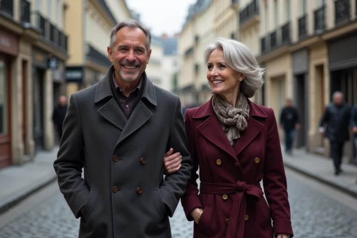 Couple mature se promenant sur un trottoir pavé parisien habillés en manteaux élégants d'automne