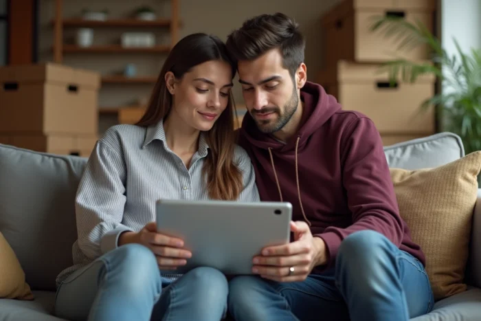 Couple consultant un site de recherche de location immobilière ensemble sur une tablette à la maison