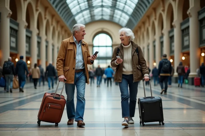 Couple de retraités SNCF traversant le hall d'une grande gare française avec leurs bagages et leur pass Carmillon numérique