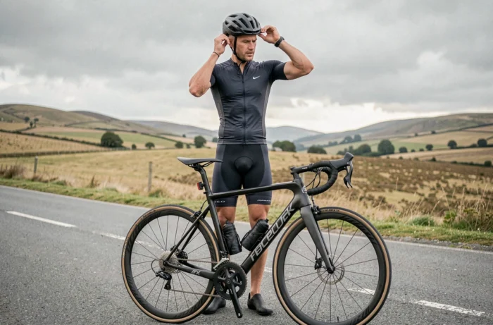 Cycliste masculin avec vélo de route haut de gamme et casque aérodynamique sur une route de campagne