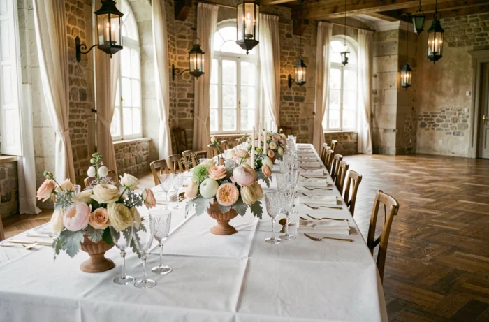 Décoration de table de mariage raffinée dans un château français avec fleurs en cascade et vaisselle dorée