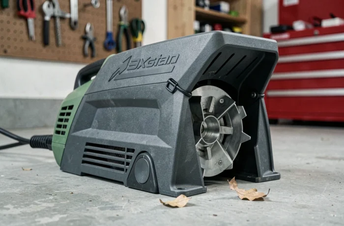 Gros plan sur le mécanisme et le boîtier du broyeur de végétaux Bosch AXT 25 D posé dans un garage