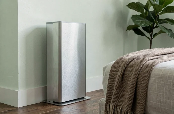 Détail d'un radiateur cinétique en aluminium brossé dans une chambre à coucher design aux tons naturels
