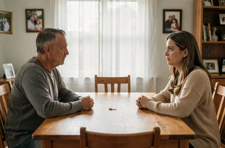 Un couple séparé assis aux deux extrémités d'une table, symbolisant l'altération du lien conjugal et la procédure de divorce