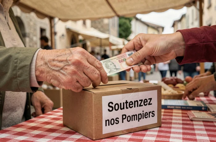 Geste de don en espèces dans une tirelire solidaire pour les pompiers lors d'un marché local