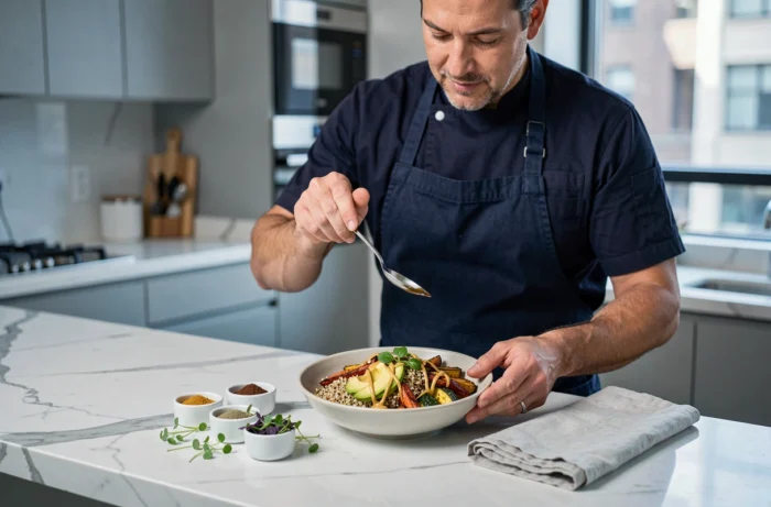 Homme préparant et dressant un Buddha bowl coloré avec légumes rôtis et avocat sur un comptoir en marbre blanc dans un appartement moderne