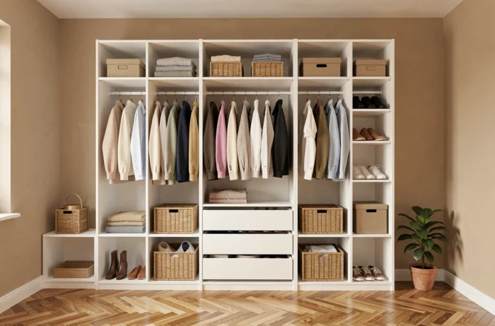 Dressing blanc Brico Dépôt entièrement monté et organisé avec rangements ouverts et tiroirs dans une chambre moderne