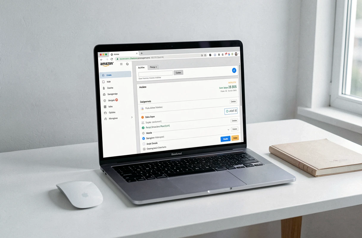 Écran d'ordinateur affichant l'interface de gestion des commandes Amazon avec options d'archivage et de suppression