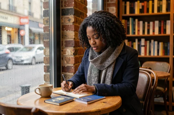 Jeune femme émigrée écrivant dans un carnet dans un café européen avec son passeport posé sur la table
