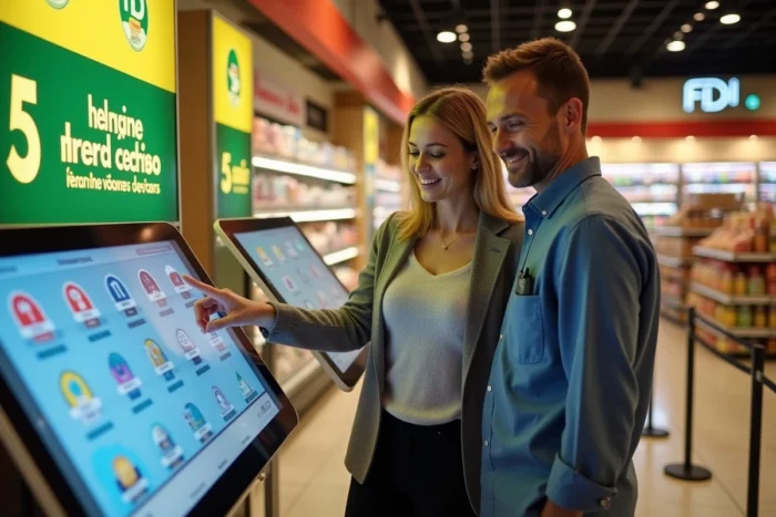 Deux employés d'un point de vente FDJ utilisant le terminal de gestion Profession Jeux en rayon supermarché