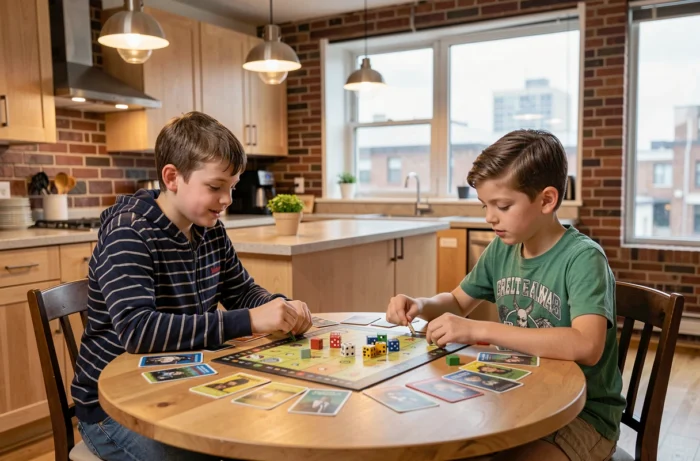 Deux garçons jouant à un jeu de société stratégique avec cartes et dés sur une table ronde dans une cuisine urbaine moderne