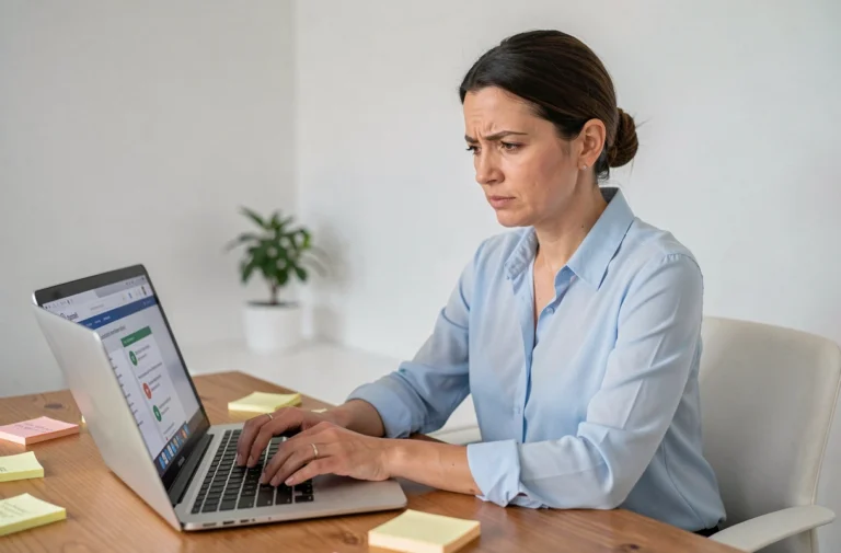 Enseignante consultant le portail iProf Versailles sur son ordinateur portable depuis son bureau à domicile