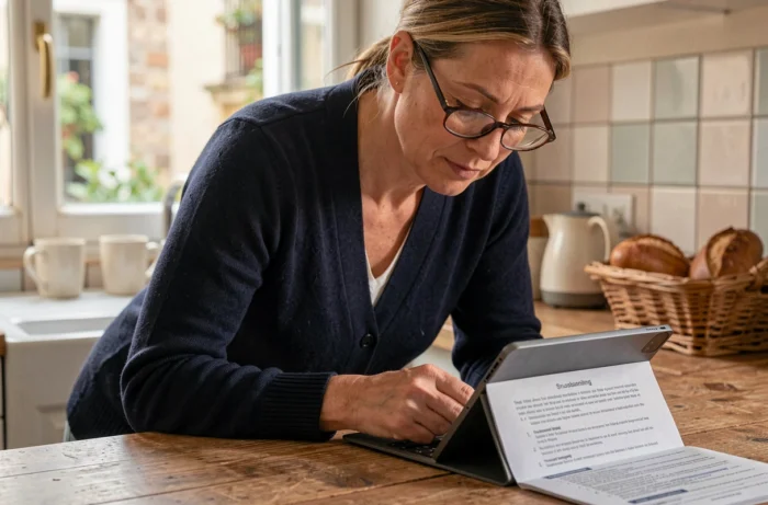 Enseignante résolvant un blocage iProf Versailles à l'aide d'un guide imprimé et d'une tablette dans sa cuisine