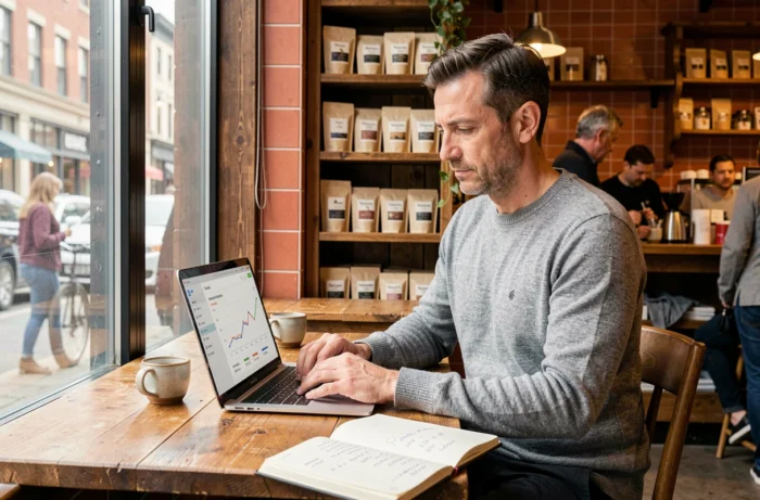 Entrepreneur analysant les performances commerciales sur ordinateur dans un café tendance en 2024