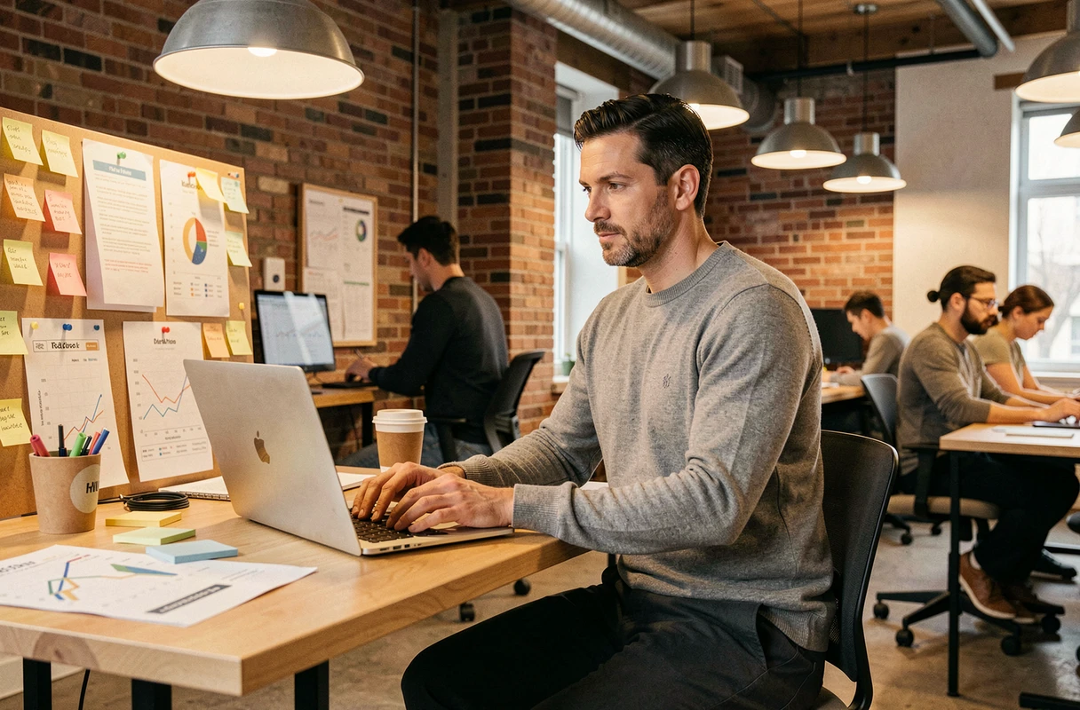 Entrepreneur travaillant sur sa stratégie de croissance dans un bureau moderne de startup