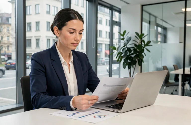 Entrepreneuse dans un espace de coworking à Zurich analysant des documents pour la création de sa startup en Suisse