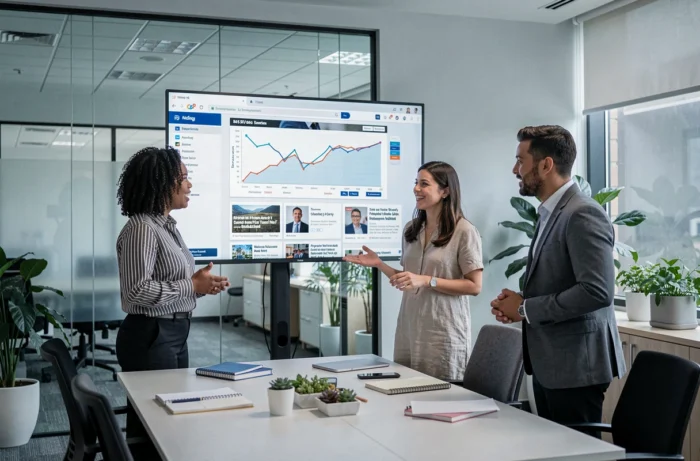Équipe de professionnels analysant les dernières tendances et actualités sur un écran en salle de réunion moderne