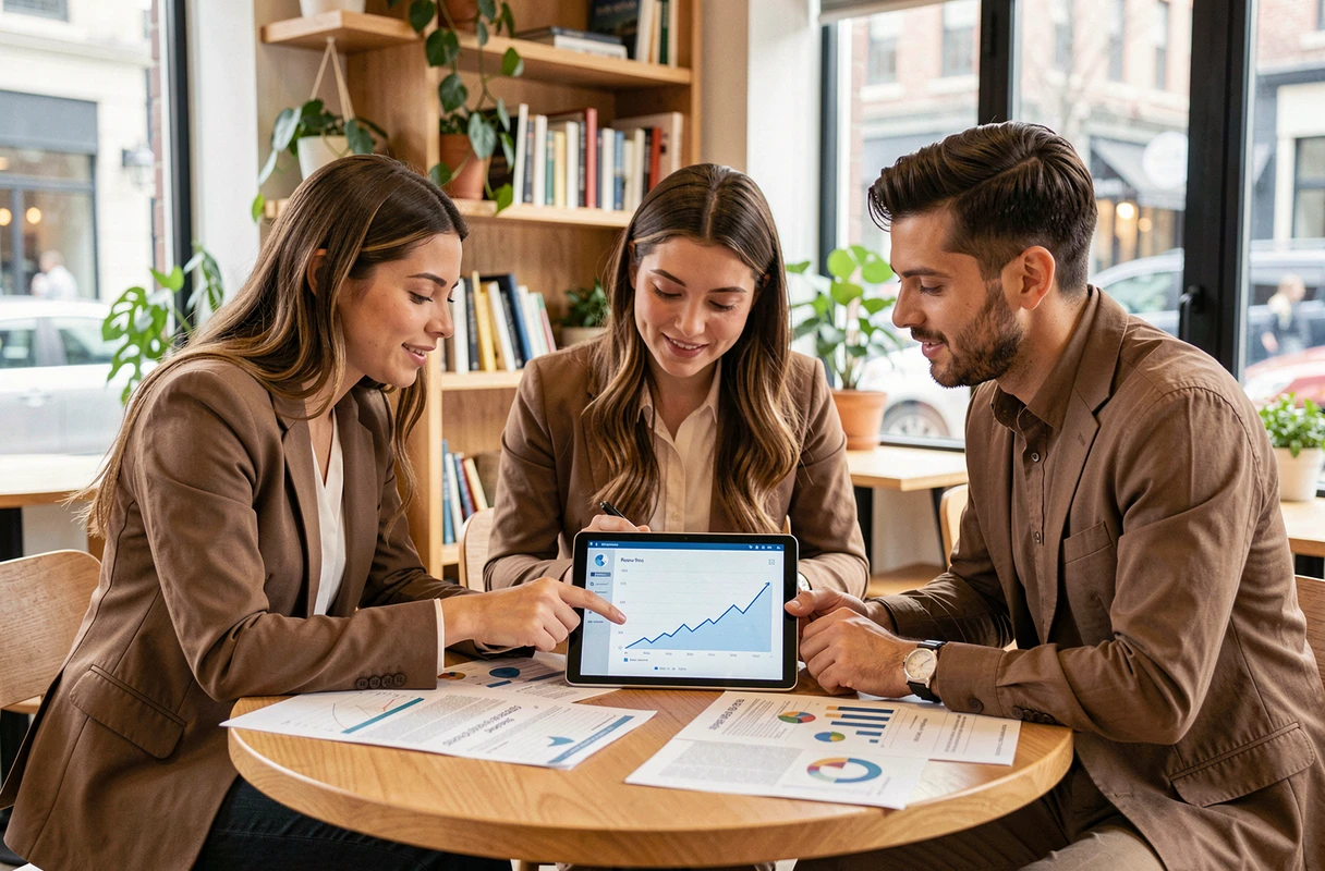 Équipe de professionnels collaborant sur des stratégies de croissance business autour d'une table