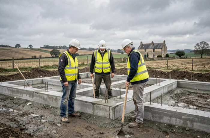 Équipe de professionnels du bâtiment sur un chantier de construction neuve en milieu rural dans le Cher