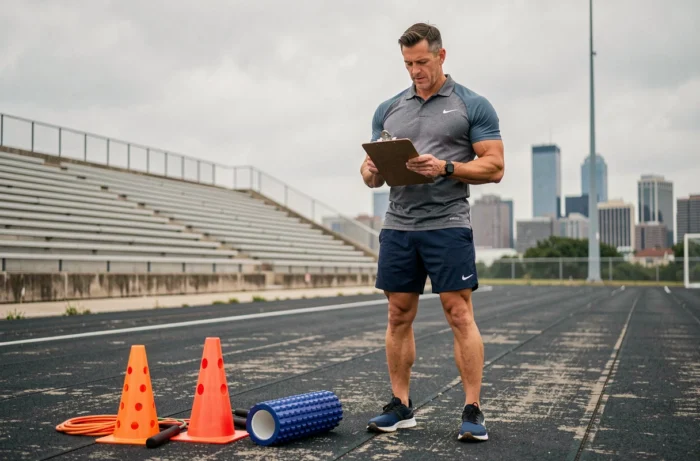 Entraîneur personnel masculin sur une piste d'athlétisme urbaine évaluant son matériel de coaching sportif incluant cônes d'agilité et rouleau de mousse