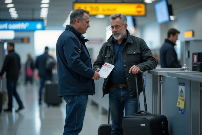 Homme remettant une étiquette valise imprimée à un agent d'enregistrement dans un aéroport