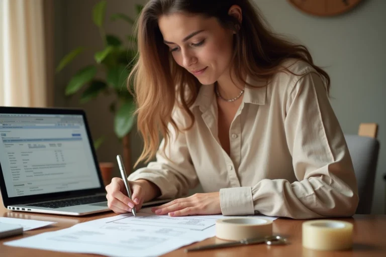 Femme remplissant une étiquette valise imprimée en PDF à son bureau à domicile