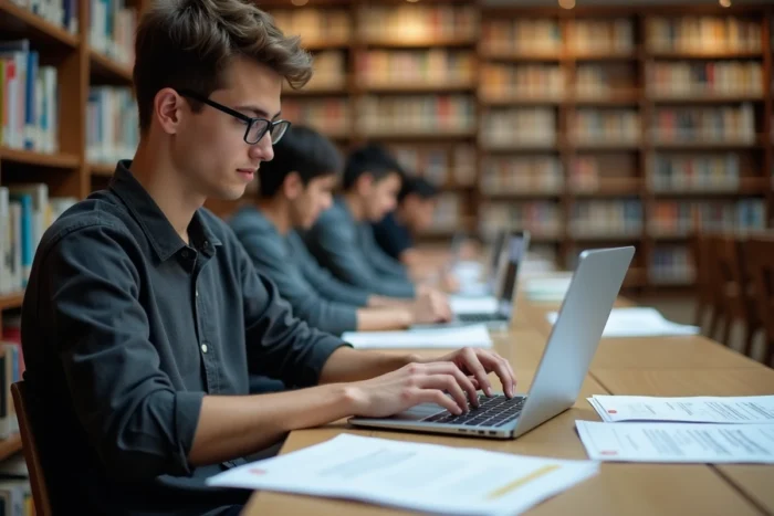 Étudiant déposant ses documents de candidature sur eCandidat dans une bibliothèque universitaire