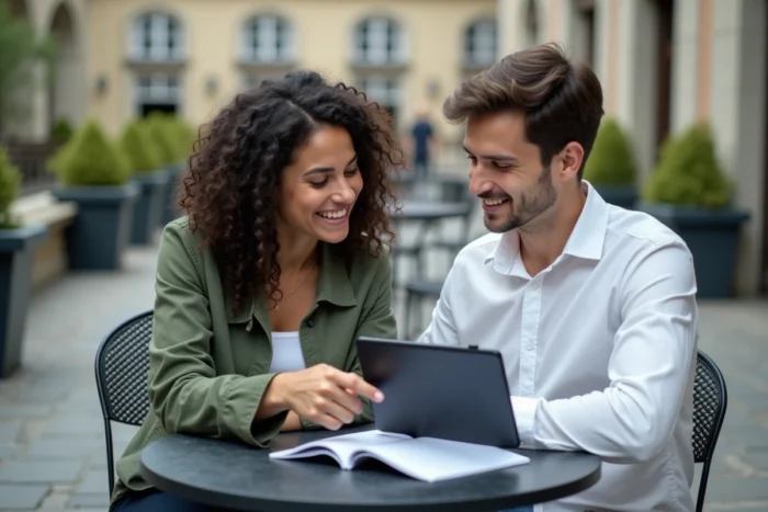 Deux étudiants consultant ensemble les étapes de candidature sur eCandidat UPEC en terrasse de campus