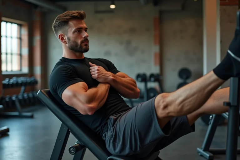 Athlète masculin effectuant un exercice d'hyperextension sur une chaise romaine dans une salle de sport moderne