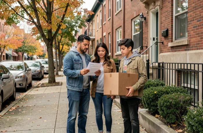 Famille immigrée examinant un contrat de location devant leur nouvel appartement avec des cartons de déménagement