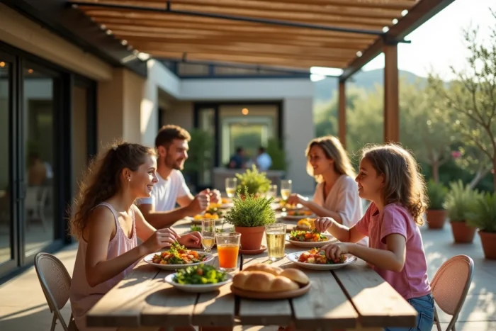 Famille réunie autour d'un repas sous une pergola bioclimatique moderne sur une terrasse en été