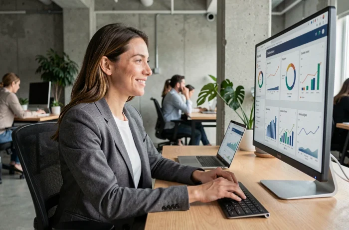 Femme professionnelle analysant des tableaux de bord marketing digital sur un écran d'ordinateur dans un bureau moderne