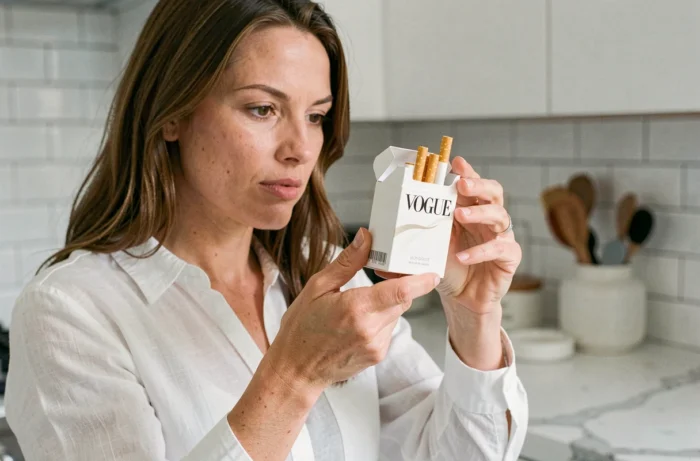 Femme analysant un paquet de cigarettes Vogue ouvert en observant les différences de couleur des filtres dans un environnement domestique moderne