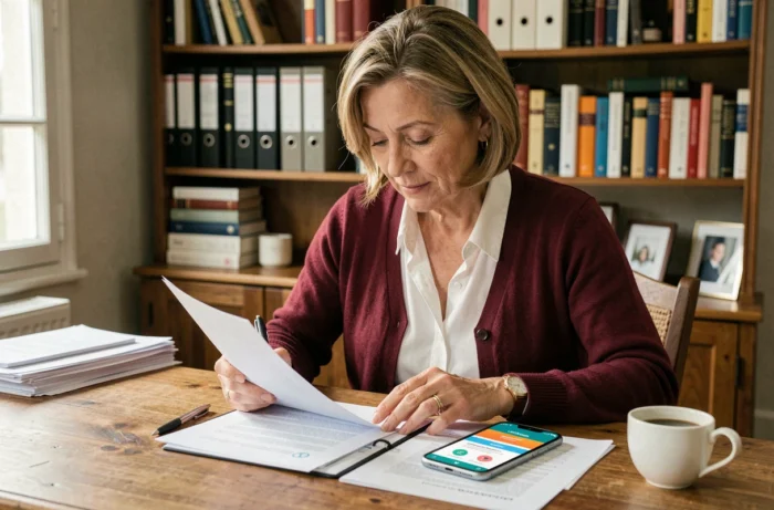 Femme en bureau à domicile analysant les documents et l'application de fidélité Carrefour pour comparer les avantages des deux programmes