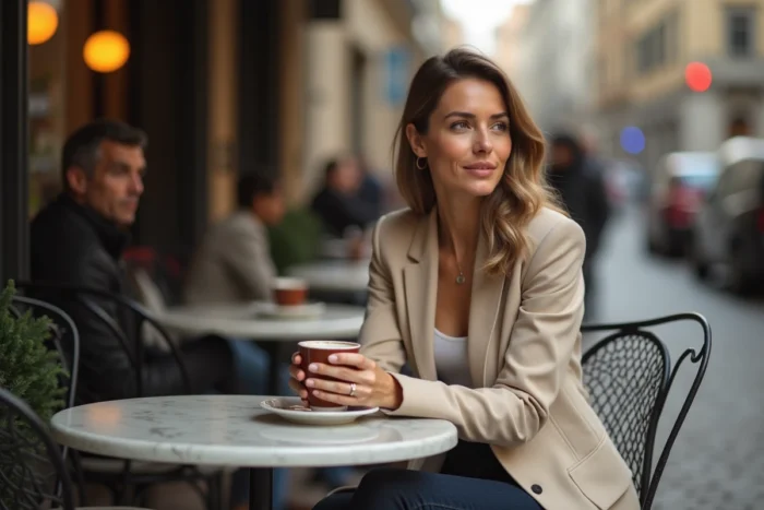 Femme pensive attablée à une terrasse de café, capturée dans un moment de solitude publique évoquant les limites de l'intimité