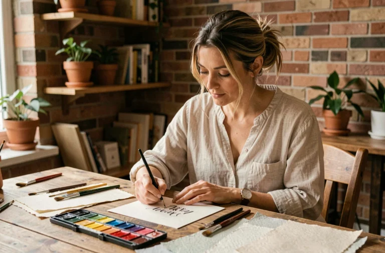 Femme pratiquant la calligraphie et les loisirs créatifs dans un atelier fait maison avec des aquarelles et du matériel artistique