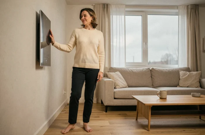 Femme en pull crème touchant un panneau de chauffage cinétique mural dans un salon moderne aux tons chauds