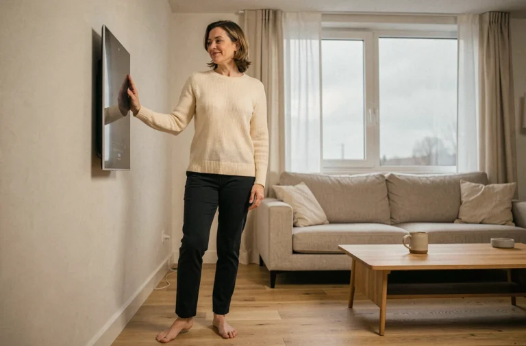 Femme en pull crème touchant un panneau de chauffage cinétique mural dans un salon moderne aux tons chauds