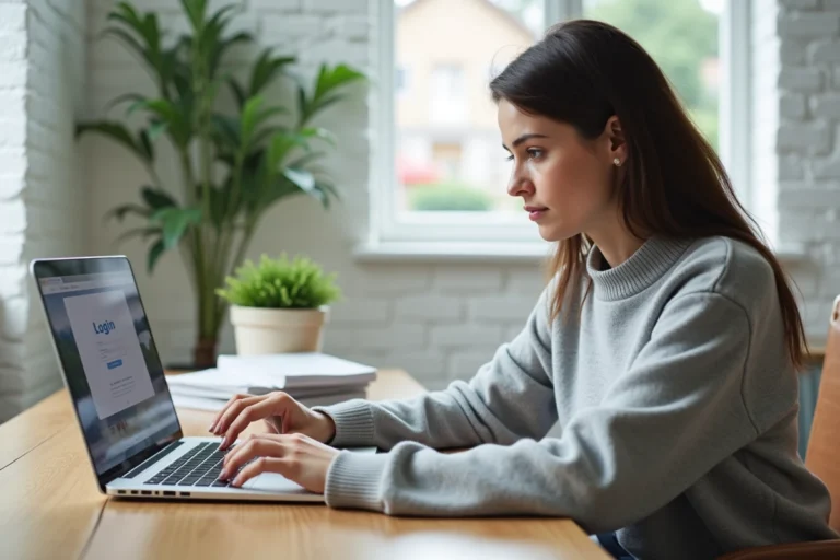 Femme connectée à son espace membre sur un site d'annonces en ligne depuis un ordinateur portable à son bureau à domicile