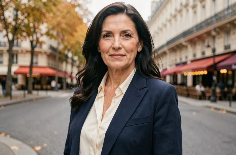 Femme élégante française dans la cinquantaine sur un boulevard parisien en automne, style éditorial