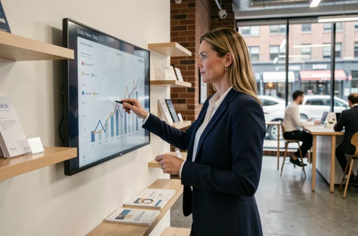 Femme entrepreneur analysant les tendances commerciales 2024 sur écran tactile dans un bureau moderne