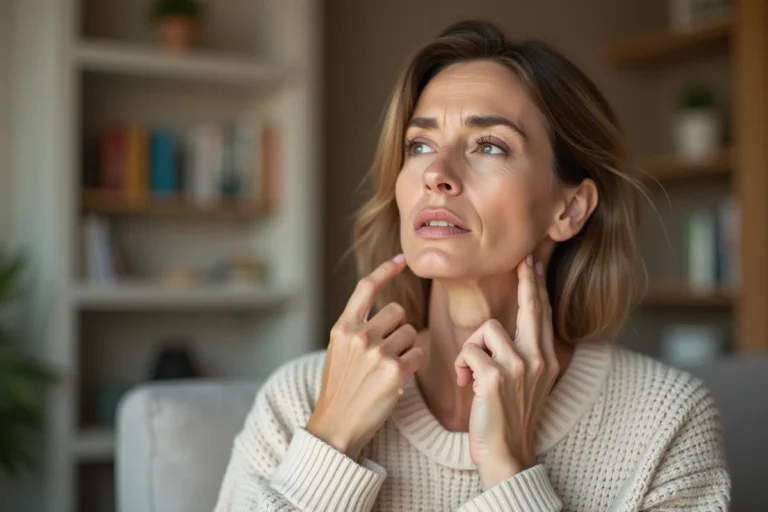 Femme d'une quarantaine d'années qui palpe un ganglion douloureux sous la mâchoire à domicile