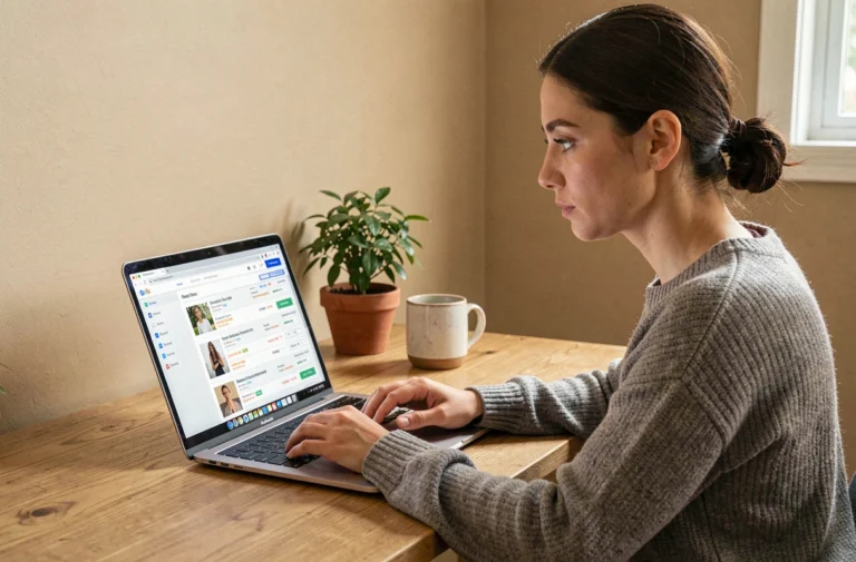 Femme consultant l'historique de ses commandes Amazon sur un ordinateur portable pour archiver ou supprimer une commande