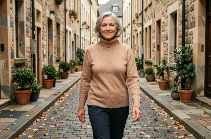 Femme mature marchant dans une rue pavée en automne, reflet d'une personnalité posée et influente en dehors des projecteurs