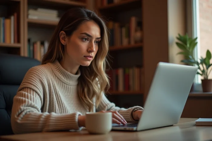Femme consultant son historique de commandes Amazon sur un ordinateur portable pour masquer des achats privés