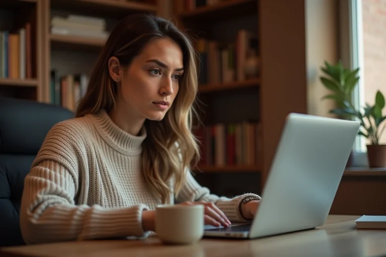Femme consultant son historique de commandes Amazon sur un ordinateur portable pour masquer des achats privés
