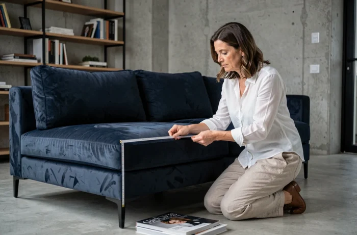 Femme mesurant la profondeur d'un canapé d'angle en velours bleu marine dans un salon moderne pour choisir les bonnes dimensions